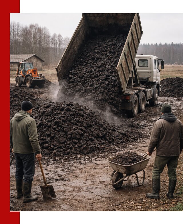 Доставка низинного торфа с разгрузкой и доставкой в Кронштадте