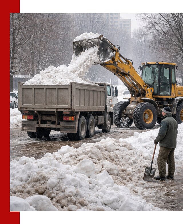 Вывоз снега грузовой техникой в Кронштадте оперативно и чисто